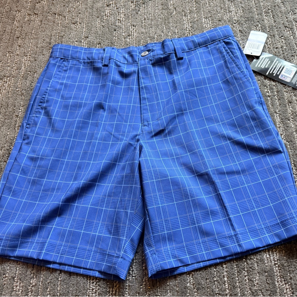 PGA Tour Royal Blue Plaid Flat Front Golf Shorts